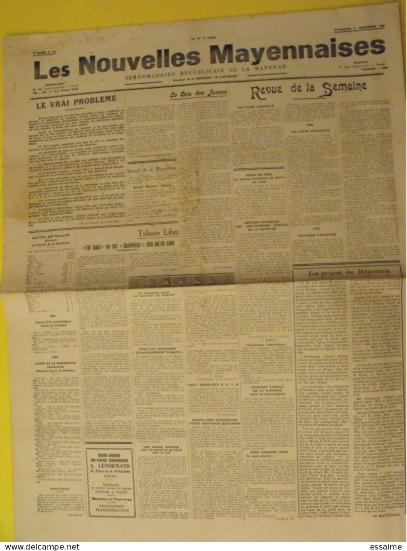 Hebdo Les Nouvelles Mayennaises. Chateau-Gontier Laval. N° 112 Du 1er Décembre 1946. Lhuissier Brier Robin - Pays De Loire