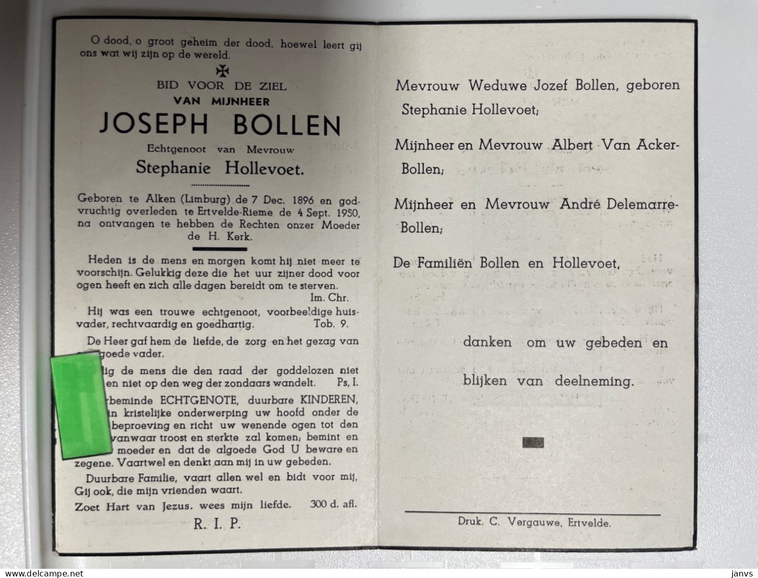 Devotie DP - Overlijden Joseph Bollen Echtg Hollevoet - Alken 1896 - Ertvelde-Rieme 1950 - Todesanzeige