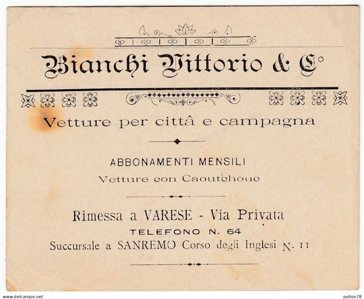 BIANCHI VITTORIO & C. - VETTURE PER CITTA' E CAMPAGNA - RIMESSA A VARESE - SUCCURSALE A SANREMO - Vedi Retro - Visiting Cards