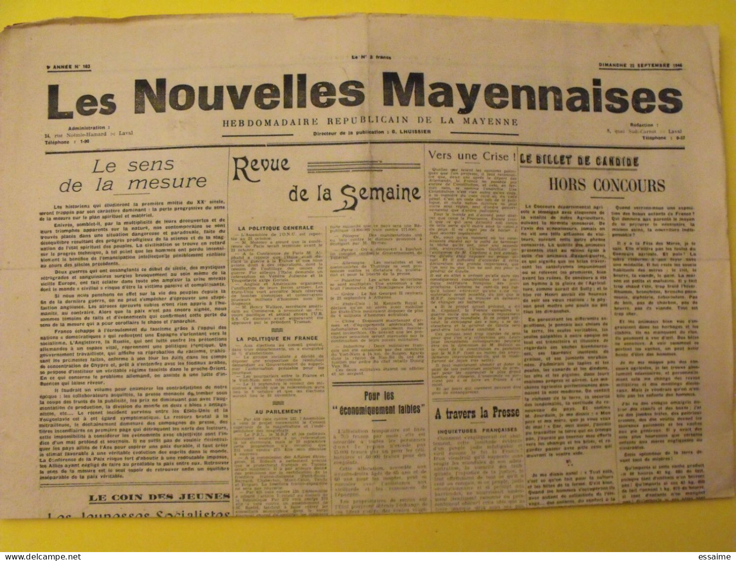 Hebdo Les Nouvelles Mayennaises. Chateau-Gontier Laval. N° 103 Du 22 Septembre 1946. Lhuissier Autriche SFIO - Pays De Loire