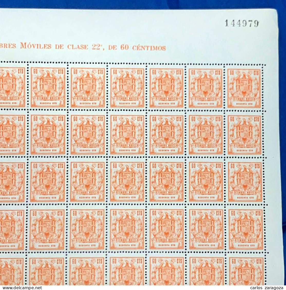 PLIEGO DE TIMBRES MÓVILES 60 Cts. HOJA COMPLETA 100 SELLOS FISCALES NUEVOS (**) POLIZAS - Fiscales