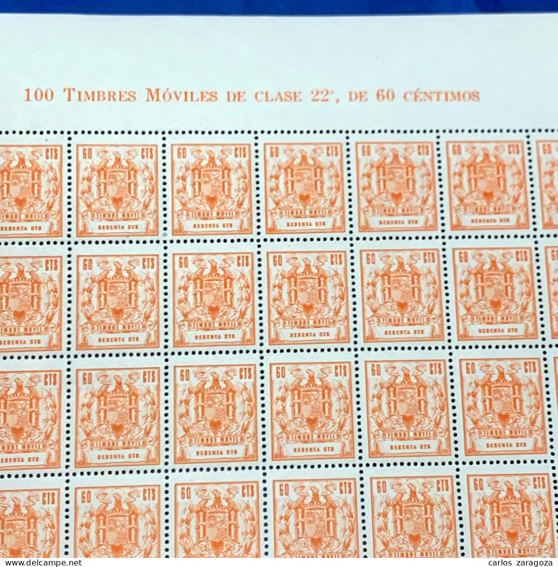 PLIEGO DE TIMBRES MÓVILES 60 Cts. HOJA COMPLETA 100 SELLOS FISCALES NUEVOS (**) POLIZAS - Revenue Stamps