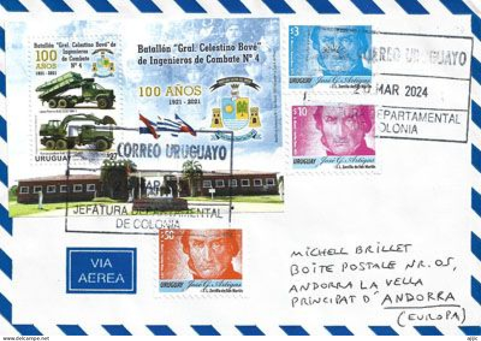 Batallón D'Ingenieros De Combate, New Issue 2021, Letter 2024  From Colonia (Uruguay) To Andorra - Uruguay
