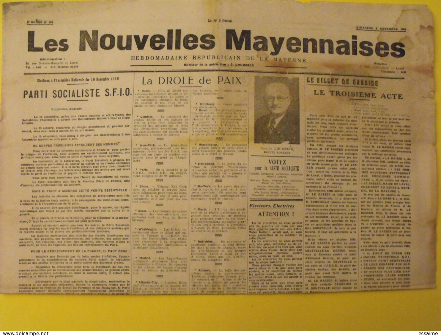Hebdo Les Nouvelles Mayennaises. Chateau-Gontier Laval. N° 108 Du 5 Novembre 1946. Lhuissier Sinistrés SFIO - Pays De Loire