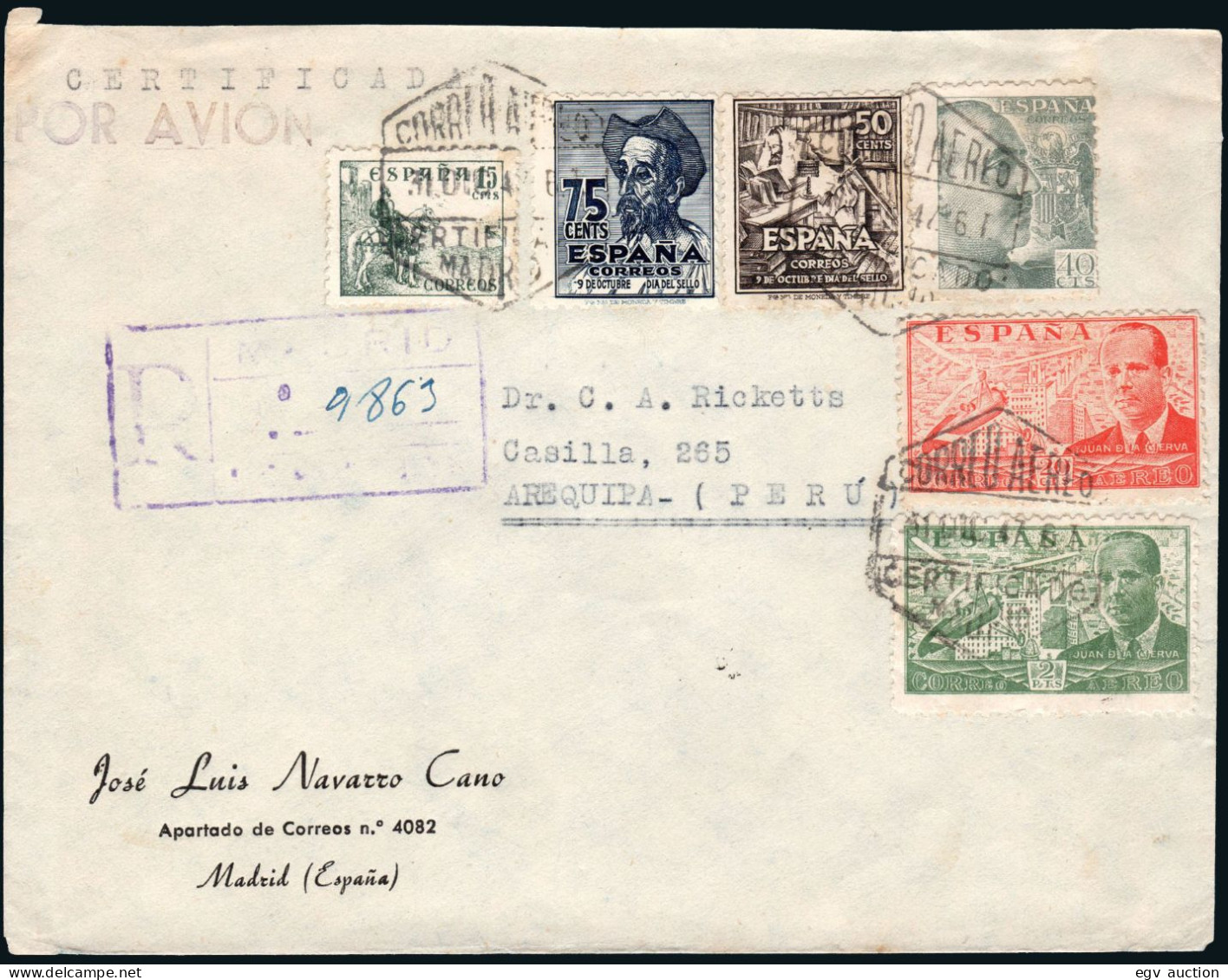 España - Edi O 1013+1012+... - Mat "Correo Aéreo 312/12/47 - Certificado Madrid" - Storia Postale