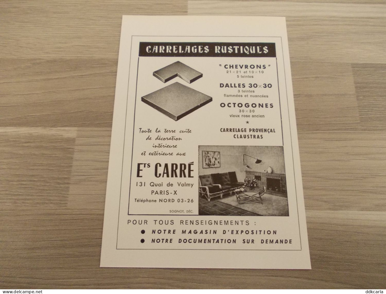 Reclame Advertentie Uit Oud Tijdschrift 1957 - Carrelages Rustiques - Ets. Carré à Paris - Publicités