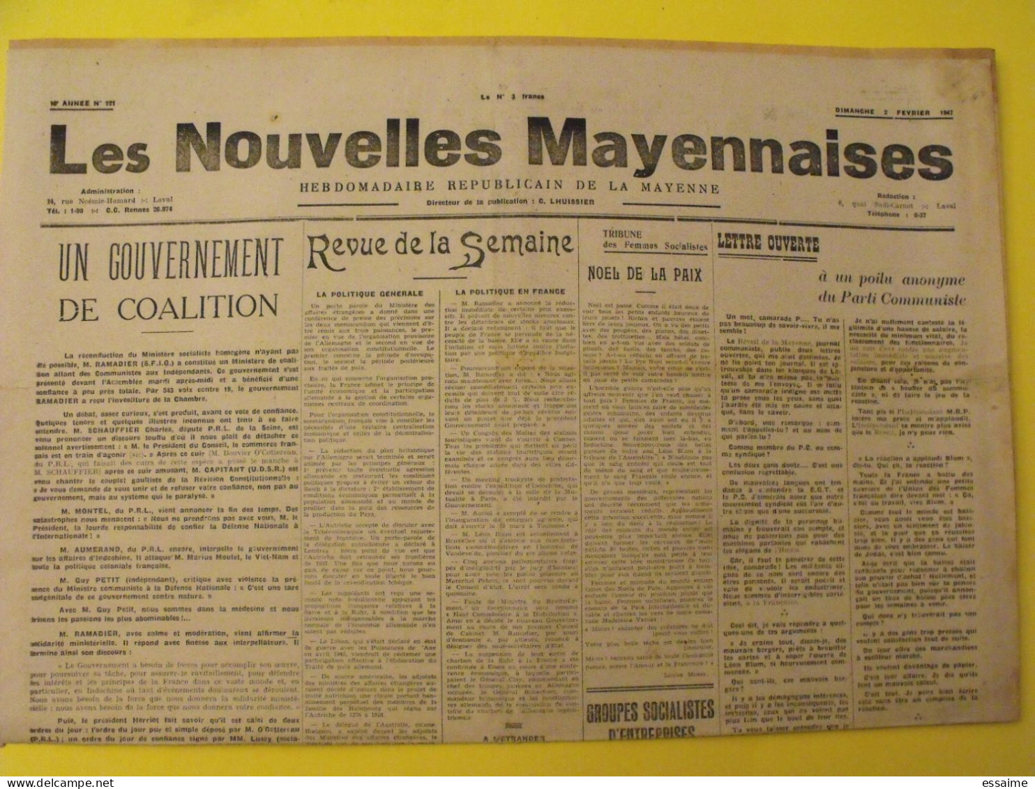 Hebdo Les Nouvelles Mayennaises. Chateau-Gontier Laval. N° 121 Du 2 Février 1947. JOC Beuneux Lhuissier - Pays De Loire