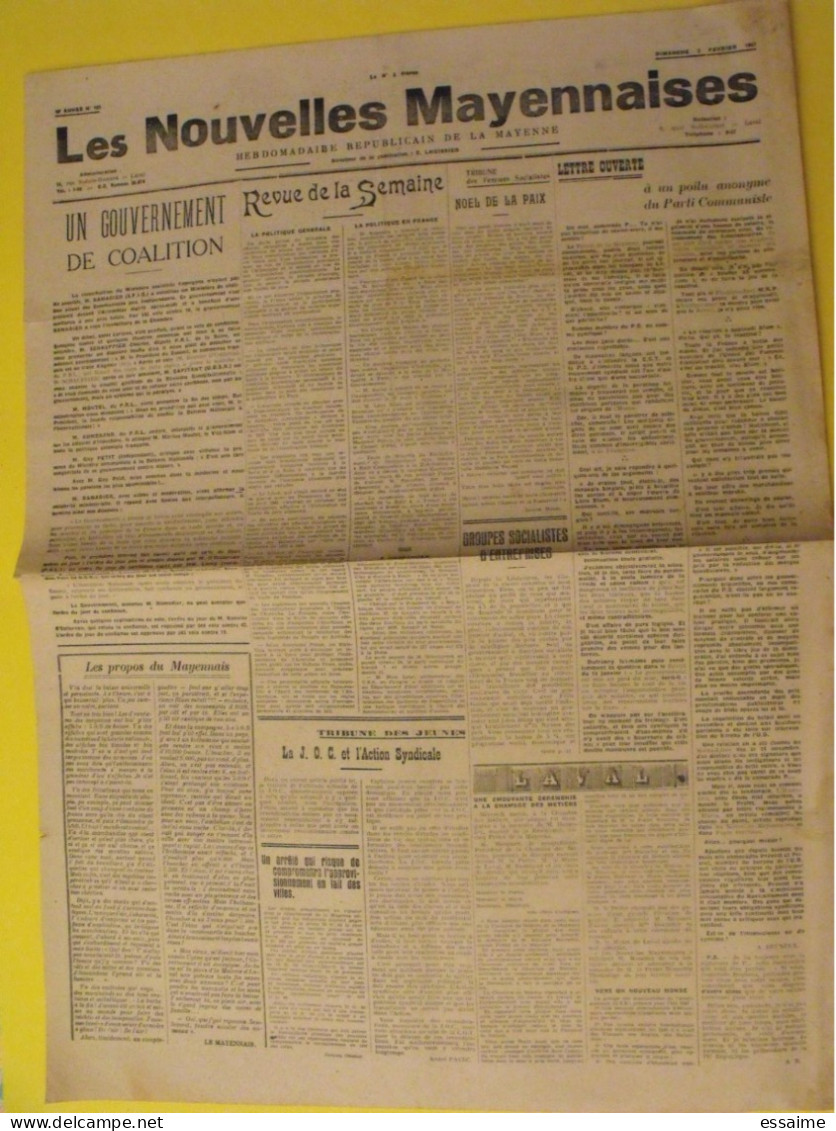 Hebdo Les Nouvelles Mayennaises. Chateau-Gontier Laval. N° 121 Du 2 Février 1947. JOC Beuneux Lhuissier - Pays De Loire