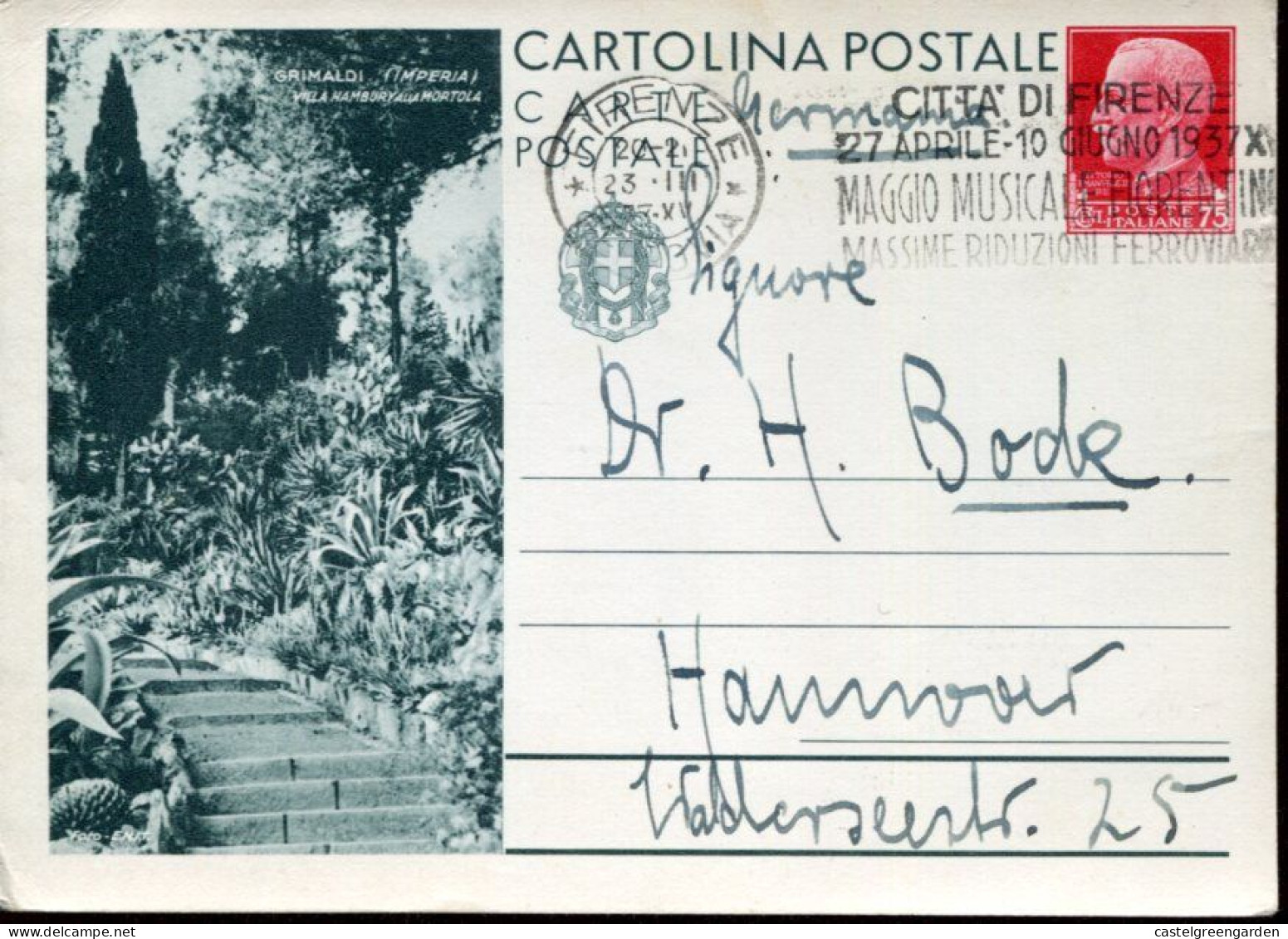 X0103 Italia, Special Stationery Card Circuled 1937 Showing The Cactus Of The Villa Hambury - Interi Postali