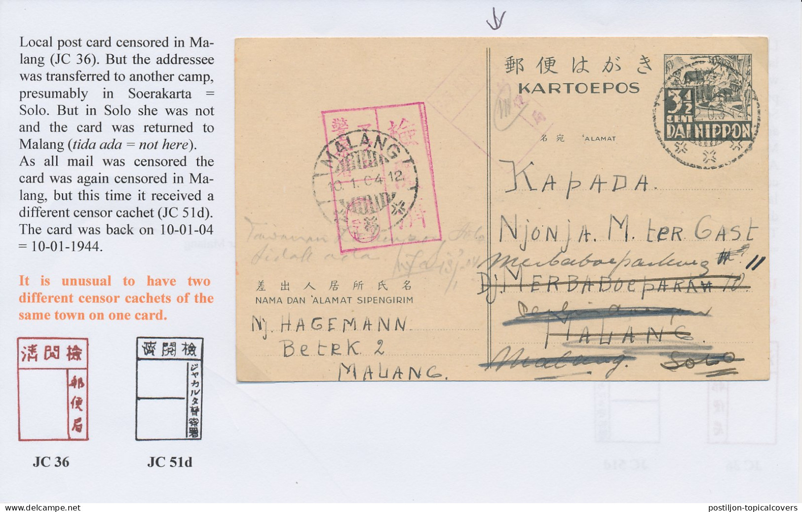 Censored Local Post Card To A Camp In Malang Neth. Indies 1944 - Nederlands-Indië