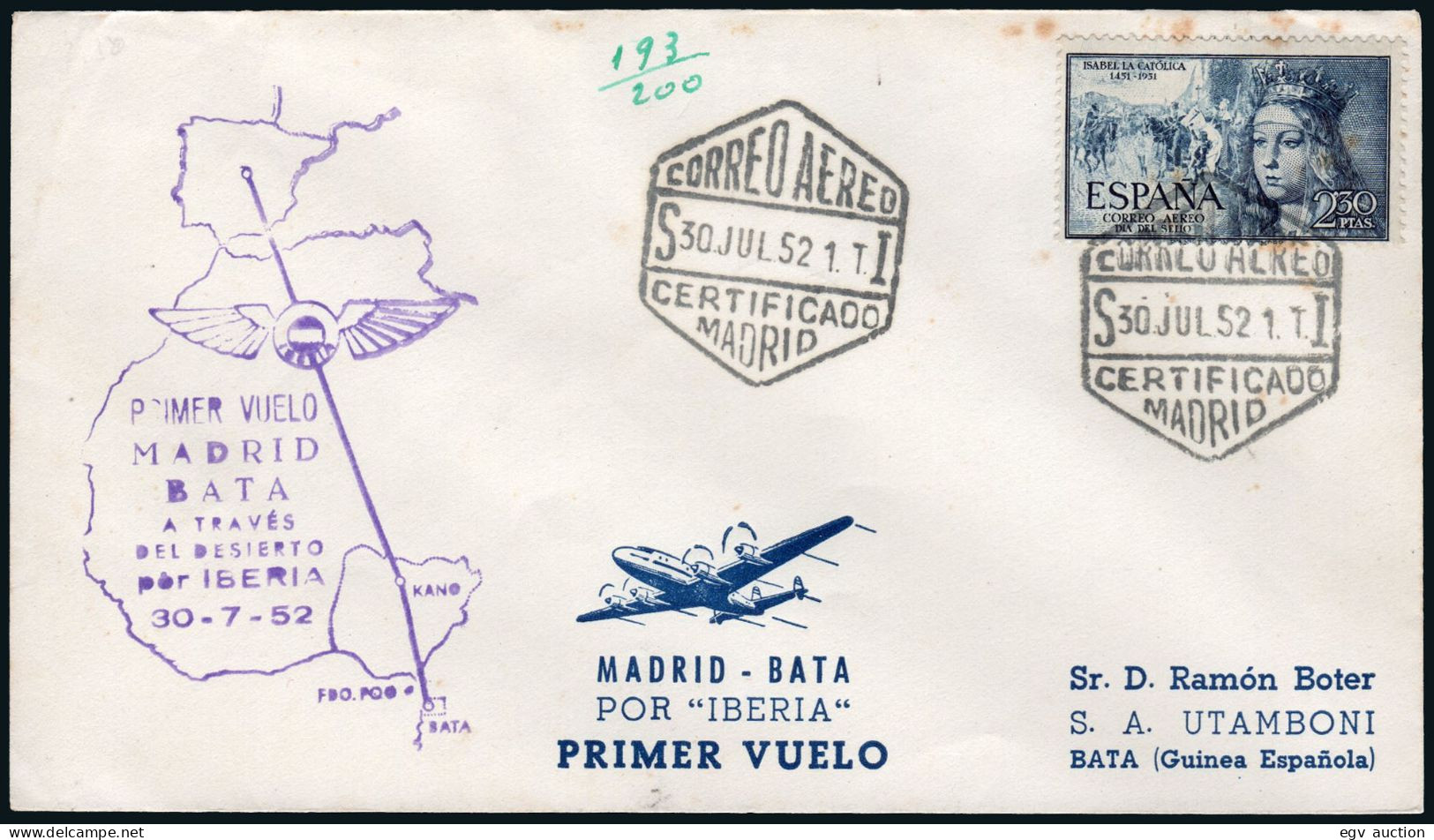 España - Edi O 1101 - "Certificado ./Jul./52 - Madrid" + Marca "Primer Vuelo Madrid - Bata A Través Del Desierto Por..." - Storia Postale