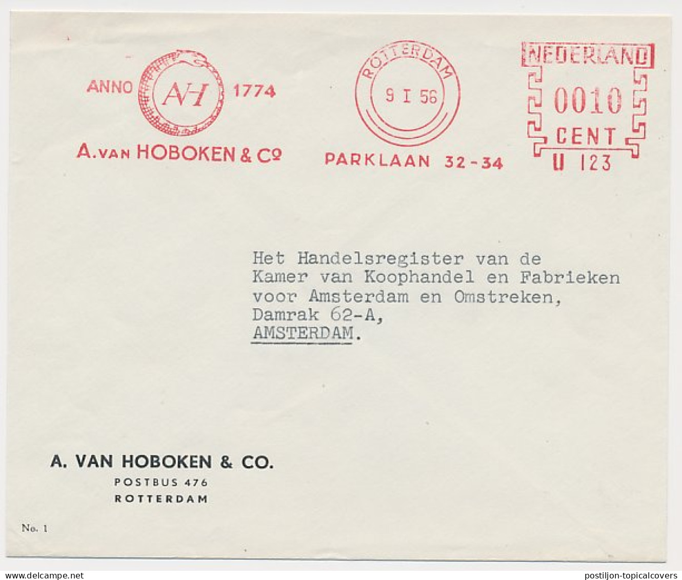 Meter Cover Netherlands 1956 Ouroborus - Snake - Rotterdam - Altri & Non Classificati