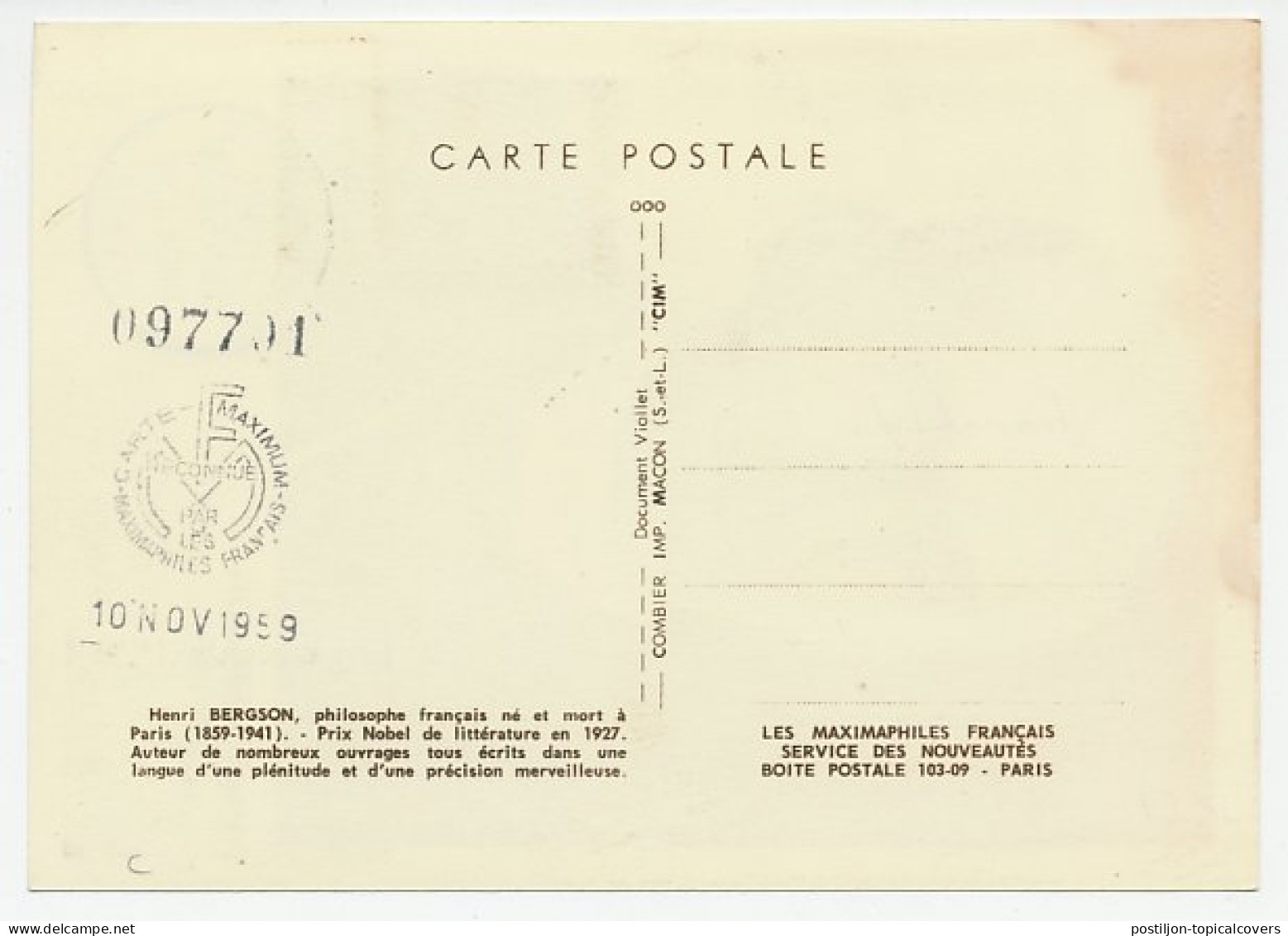 Maximum Card France 1959 Henri Bergson - Literature - Premio Nobel