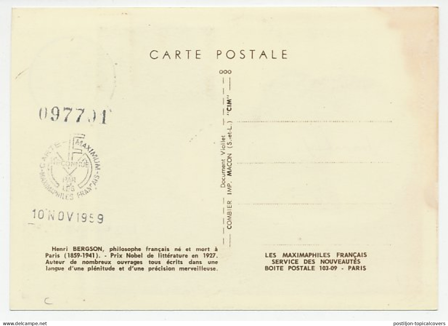 Maximum Card France 1959 Henri Bergson - Literature - Nobelpreisträger