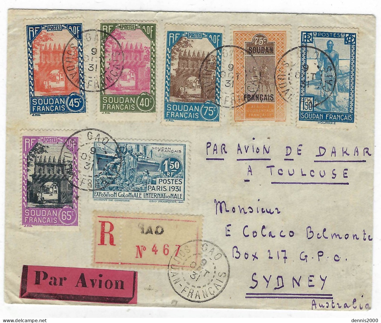 1931 - Enveloppe RECC. PAR AVION De GAO Pour Sydney ( Australie ) " Par Avion De Dakar à Toulouse " - Briefe U. Dokumente