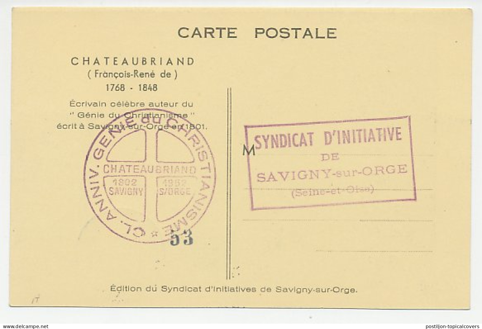 Maximum Card France 1952 F.R. De Chateaubriand - Schrijvers
