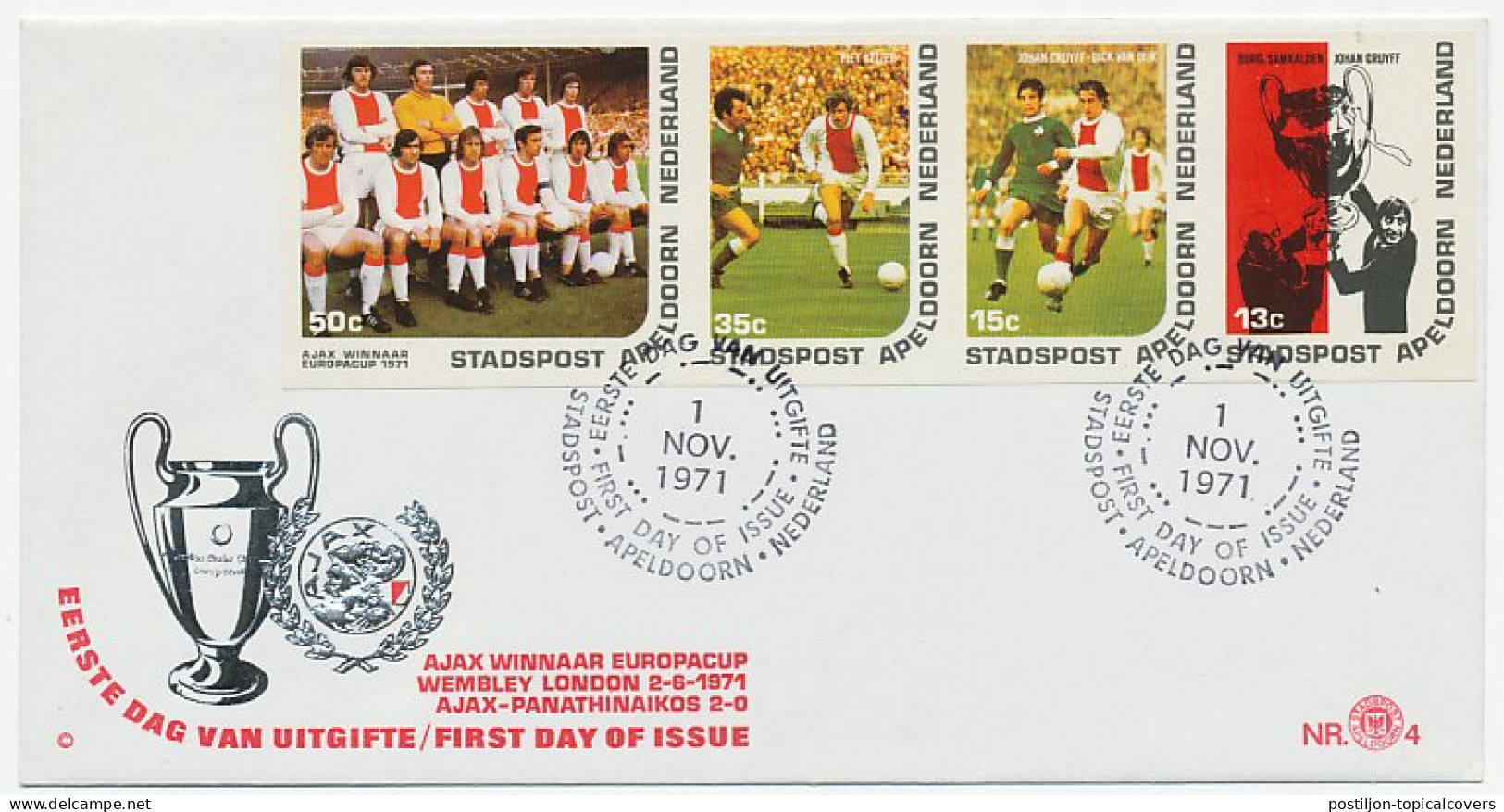 Cover / Postmark City Mail Netherlands 1971 - Imperforated Stamps European Championship Football - AJAX - Sonstige & Ohne Zuordnung