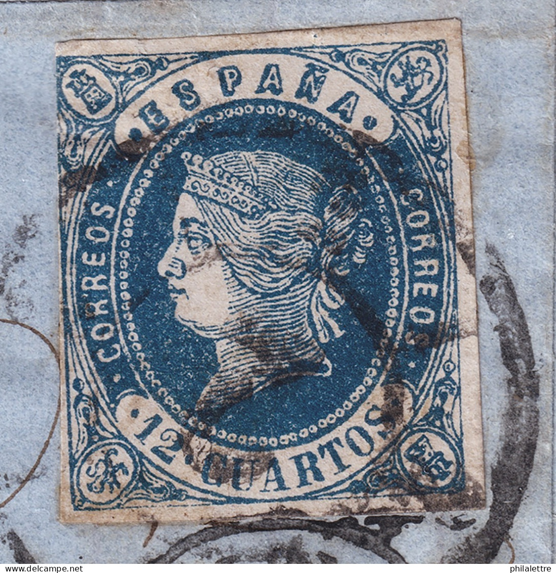 ESPAGNE / ESPAÑA - 1862 Ed.59F 12cu Azul FALSO POSTAL Sobre Carta De Barcelona A Francia (c. 260€) - Lettres & Documents