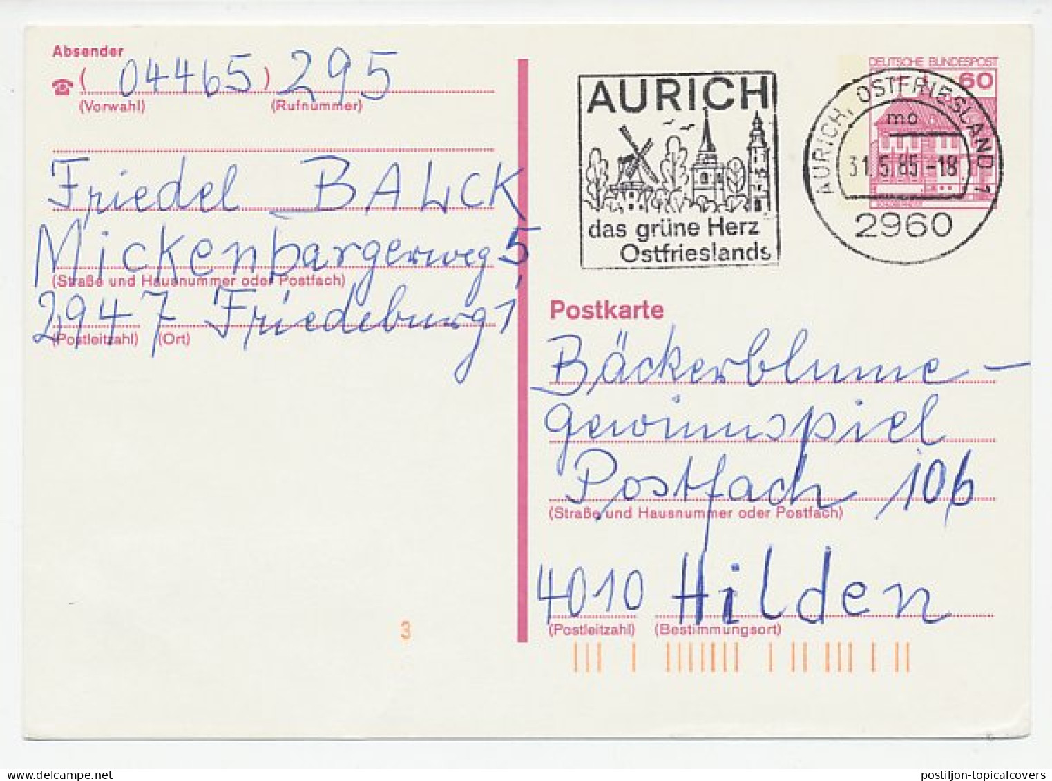 Postcard / Postmark Germany 1985 Windmill - Mühlen