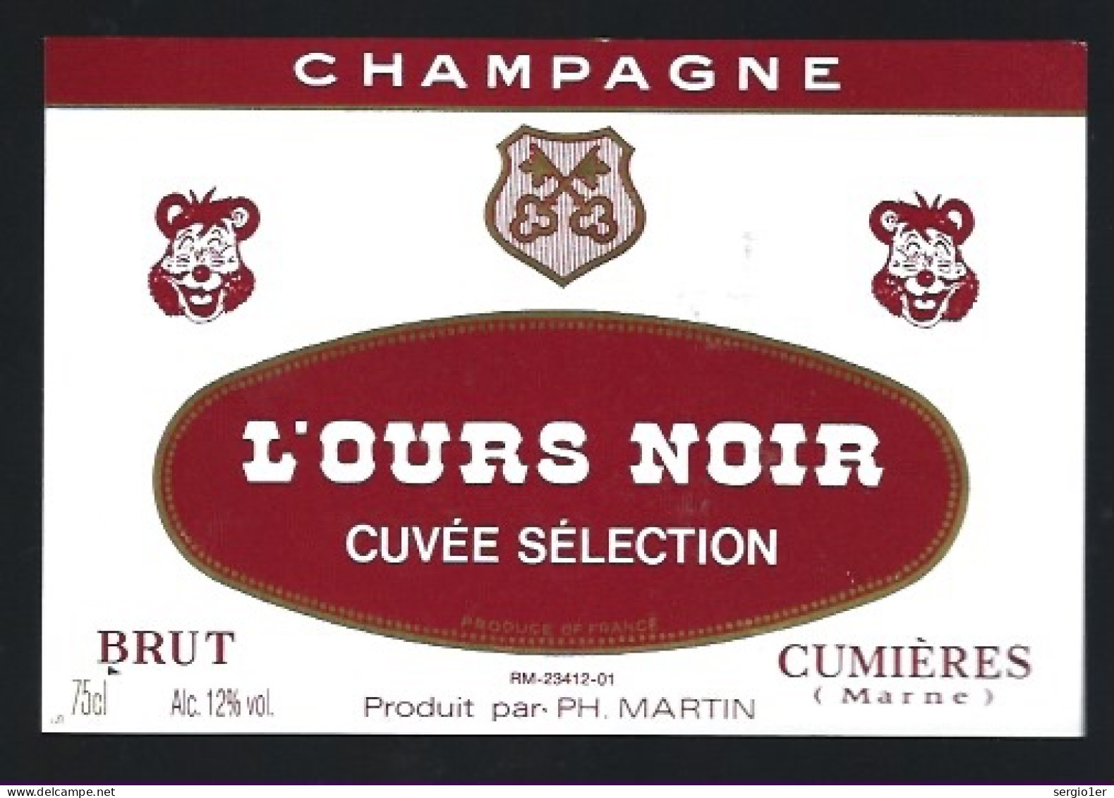 Etiquette Champagne  Brut   L'ours Noir Cuvée Sélection  P H Martin Cumieres  Marne 51 - Champagne