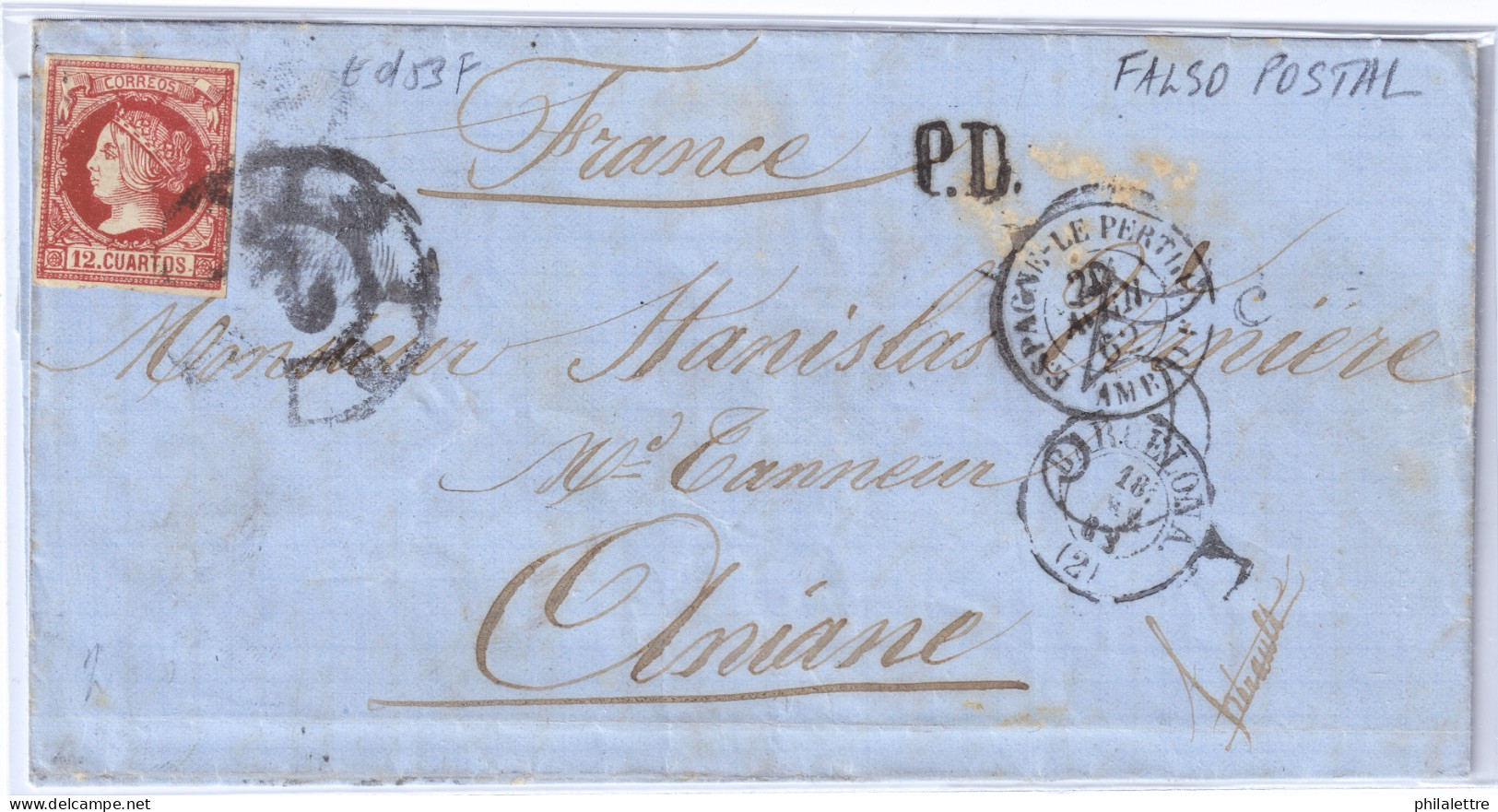 ESPAGNE / ESPAÑA - 1860 Ed.53F 12cu Rojo FALSO POSTAL Sobre Carta (1862) De Barcelona A Francia (c.255€) - Briefe U. Dokumente