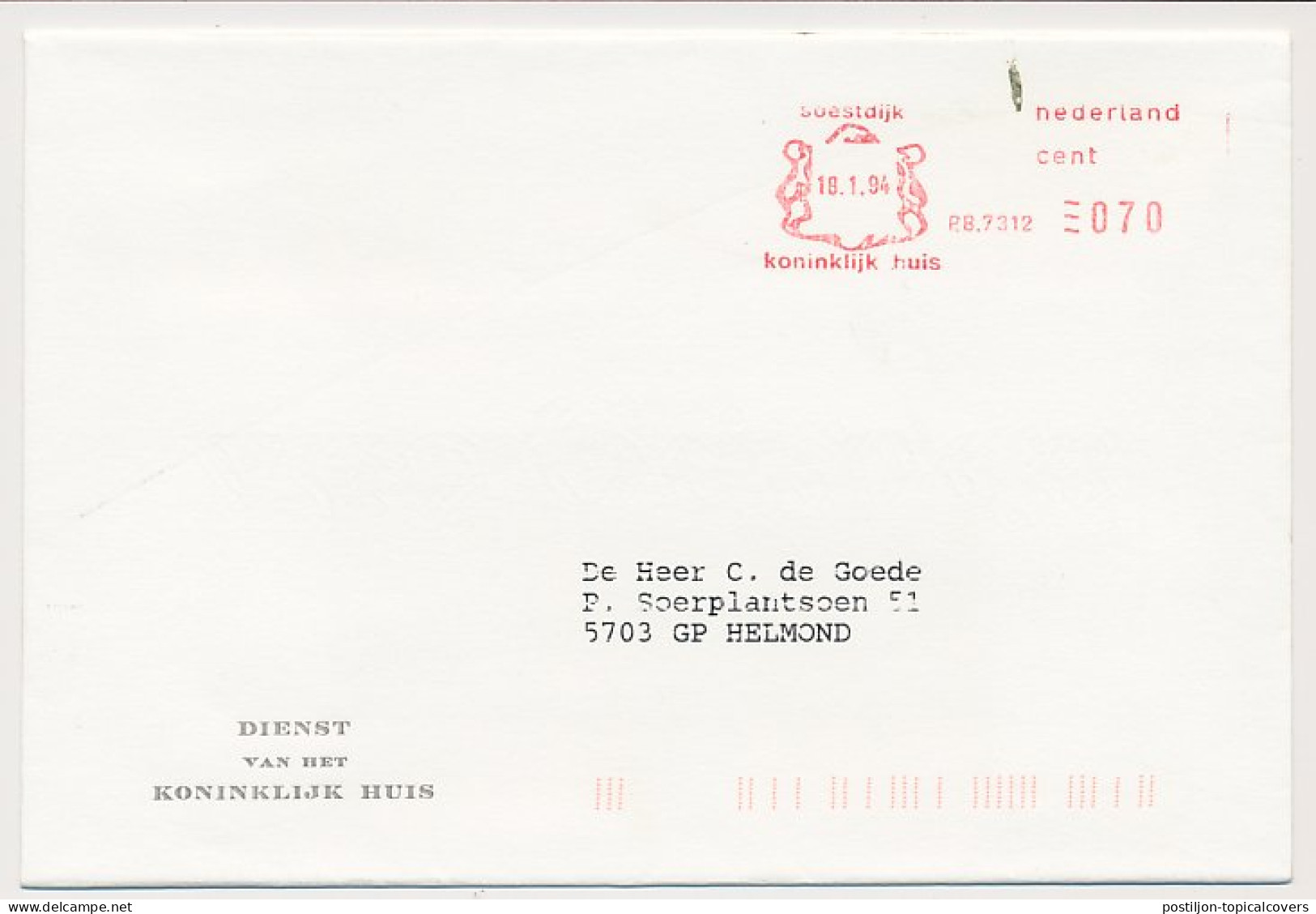 Meter Cover Netherlands 1994 Service Of The Royal House - Soestdijk - Case Reali