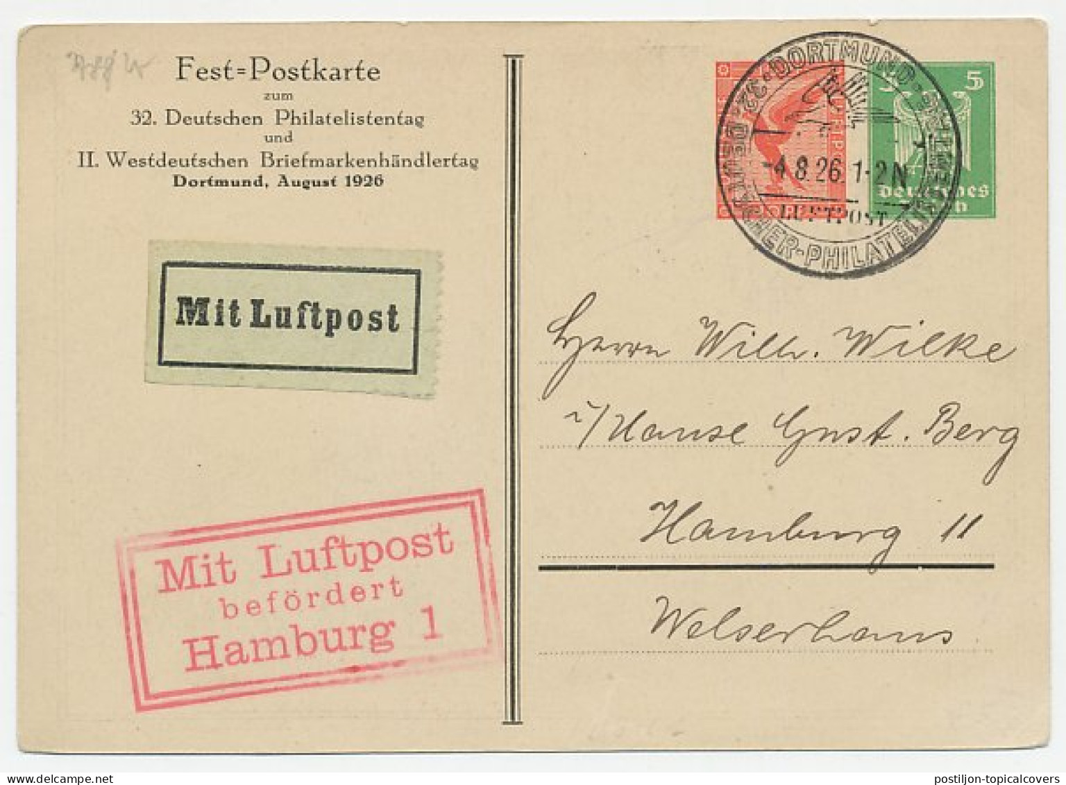 Postal Stationery Germany 1926 Mail Coach - Horse - Philatelic Day Dortmund - Autres & Non Classés