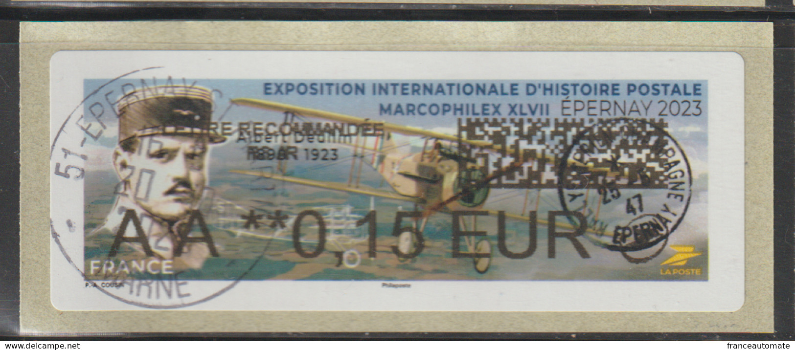 Atm, NABANCO Oblitéré, Avec DATAMATRIX, RECOM. R3 AR AA 0.15€. Epernay, MARCOPHILEX 2023, Aviateur Pierre- Louis DEULLIN - 2010-... Illustrated Franking Labels