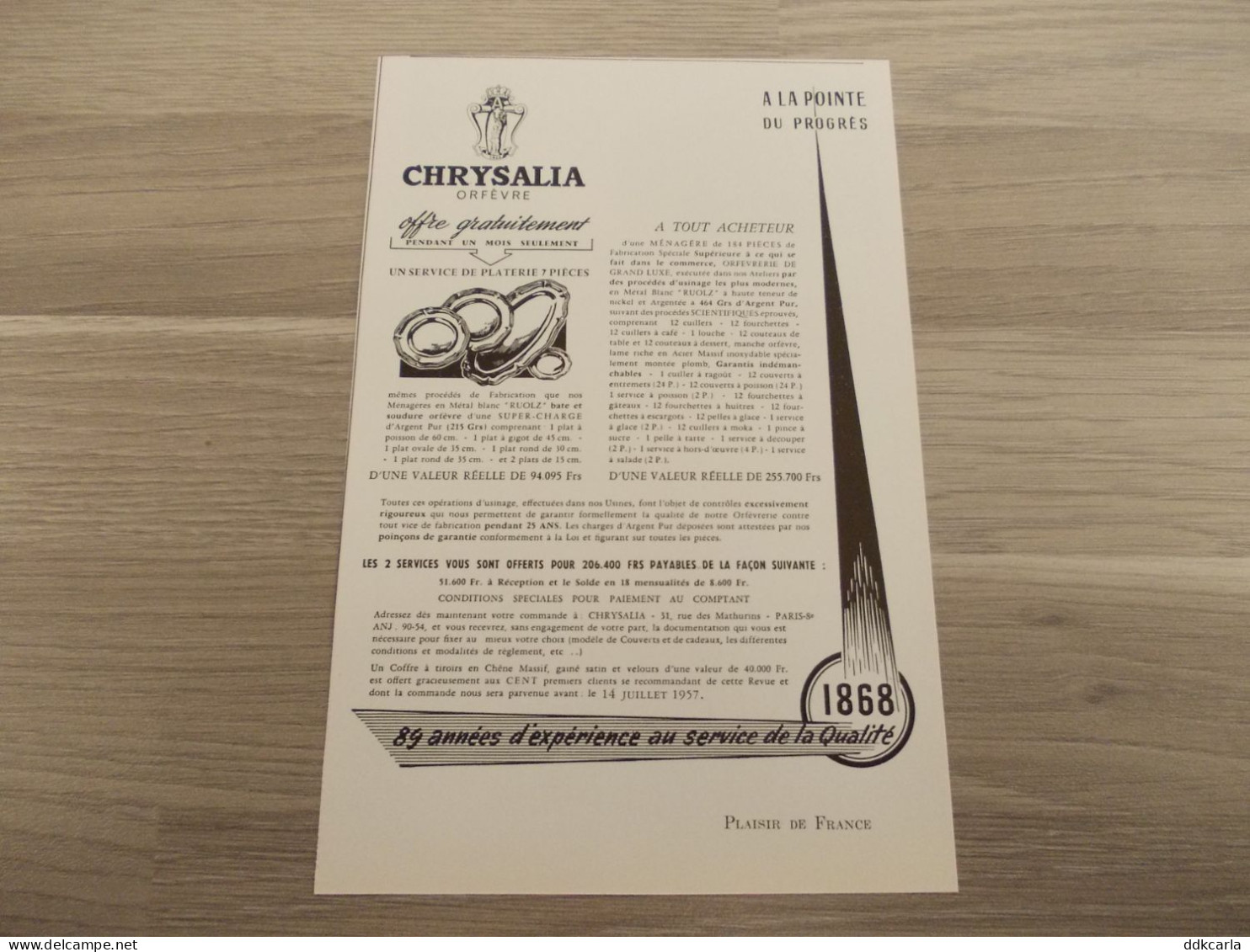 Reclame Advertentie Uit Oud Tijdschrift 1957 - Chrysalia Orfèvre - Werbung