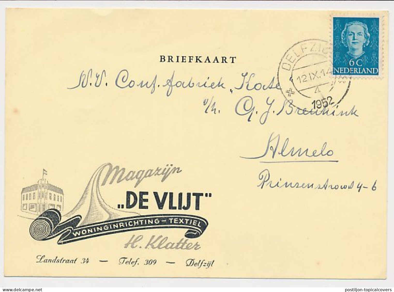 Firma Briefkaart Delzijl 1952 - Textiel - Woninginrichting - Zonder Classificatie