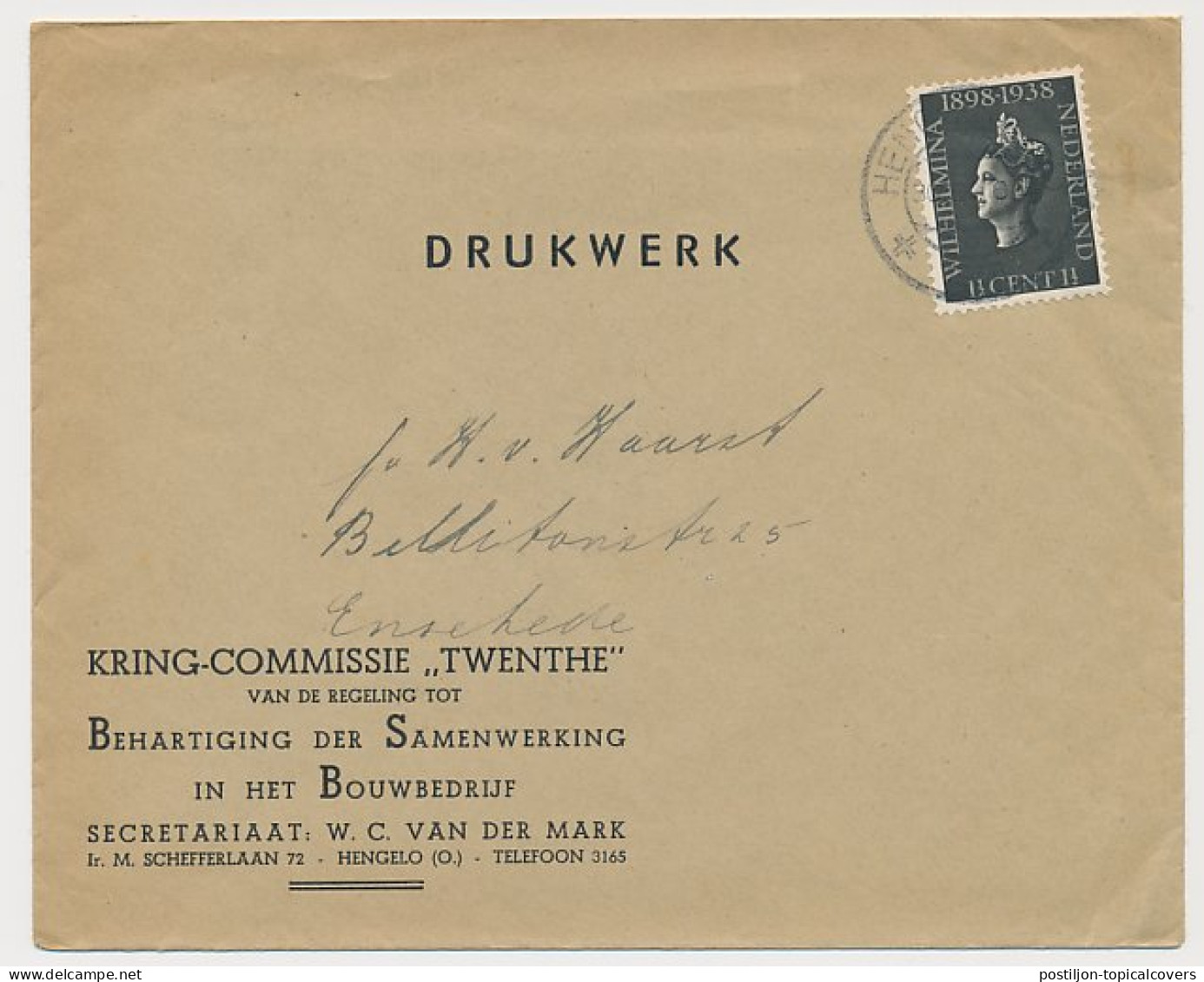 Envelop Hengelo 1938 - Kringcommissie Bouwbedrijf - Zonder Classificatie