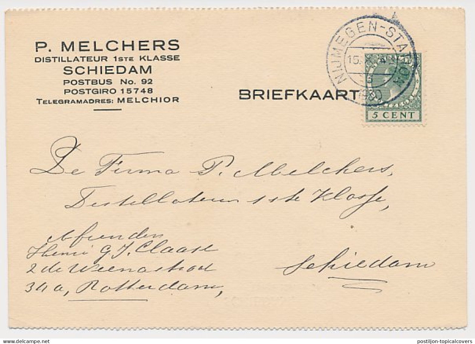 Firma Briefkaart Schiedam 1930 - Distillateur - Zonder Classificatie
