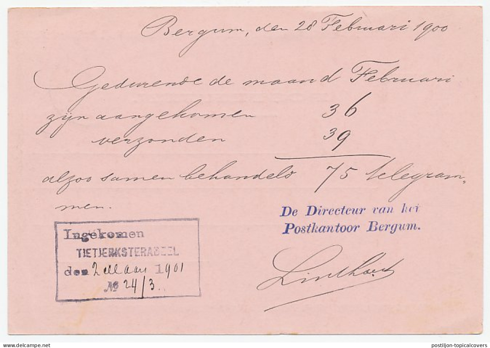 Dienst Posterijen Bergum - Hardegarijp 1901 - Zonder Classificatie