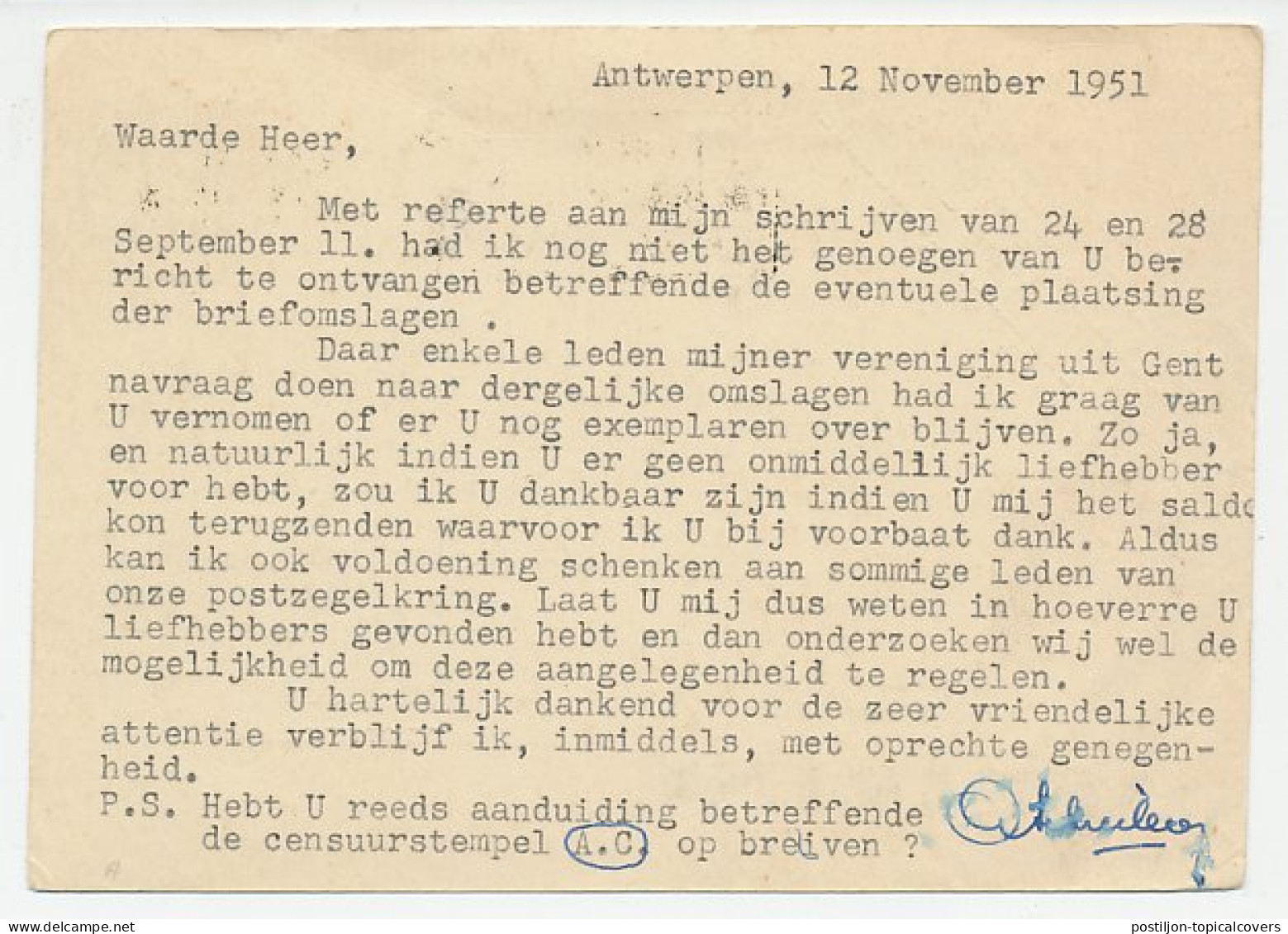 Publibel - Postal Stationery Belgium 1951 Aspirine - Bayer - Apotheek