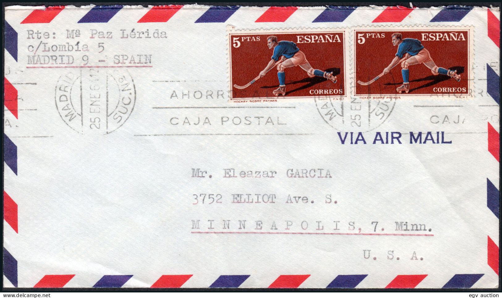 España - Edi O 1315(2) - Mat Rodillo "Madrid 25/01/61" Por Avión A USA - Storia Postale