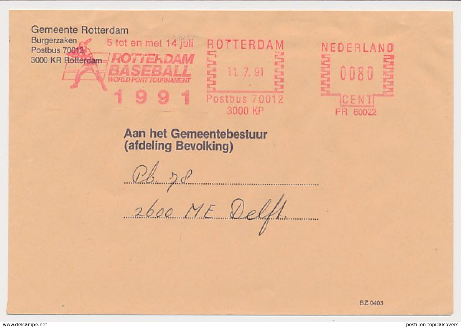 Meter Cover Netherlands 1991 Rotterdam Baseball World Port Tournament 1991 - Autres & Non Classés