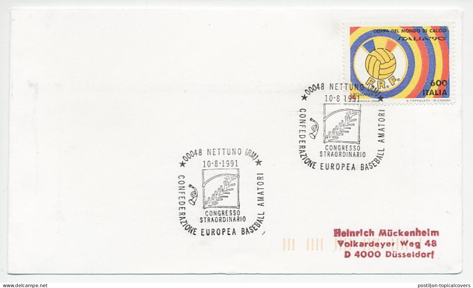 Cover / Postmark Italy 1991 Baseball - Sonstige & Ohne Zuordnung