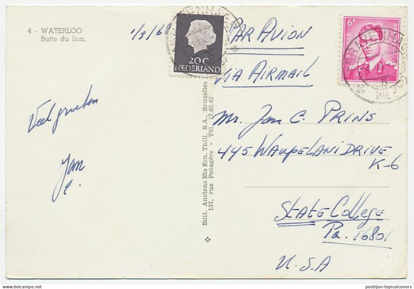 Em. Juliana ( Waterloo Belgie ) Den Haag - USA 1968 - Unclassified