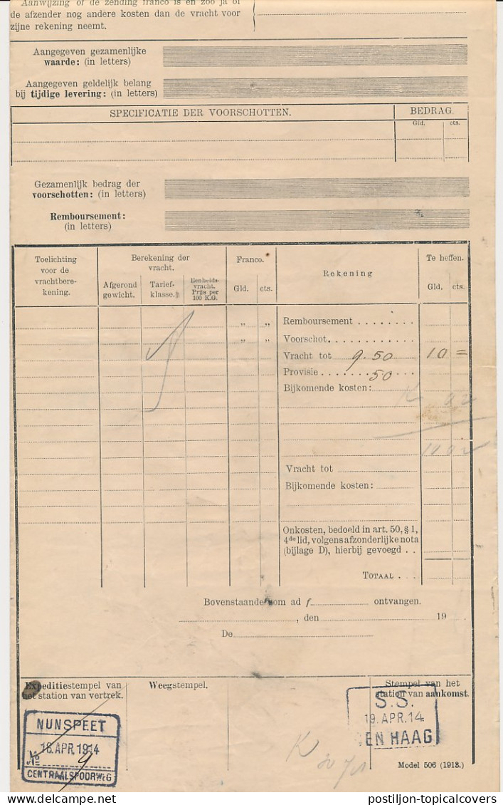 Vrachtbrief Ned. Centraal Spoorweg Maatschappij Nunspeet 1914  - Non Classés