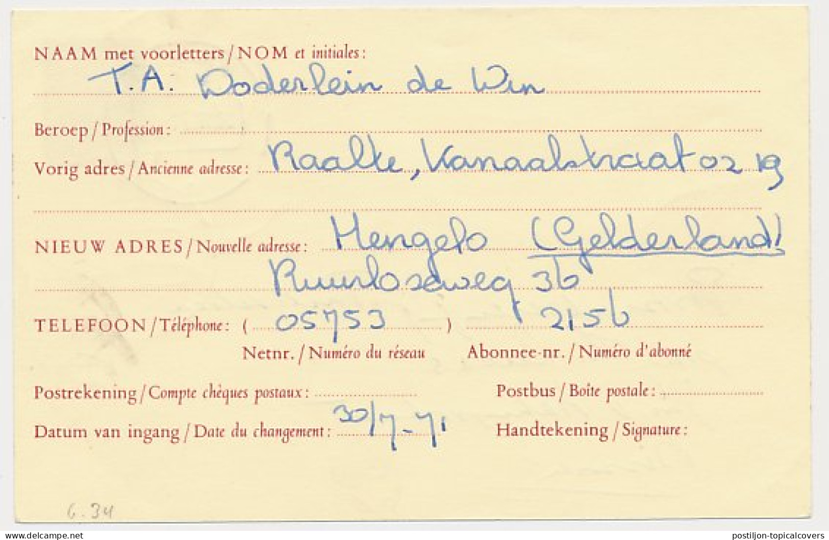Verhuiskaart G. 36 Raalte - Ommen 1971  - Entiers Postaux