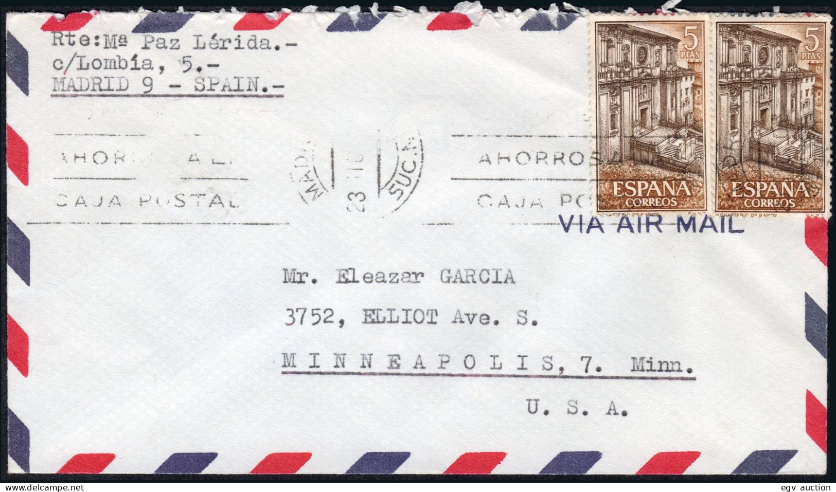 España - Edi O 1324(2) - Mat "Madrid 23/Dic./60" Por Avión A USA - Storia Postale