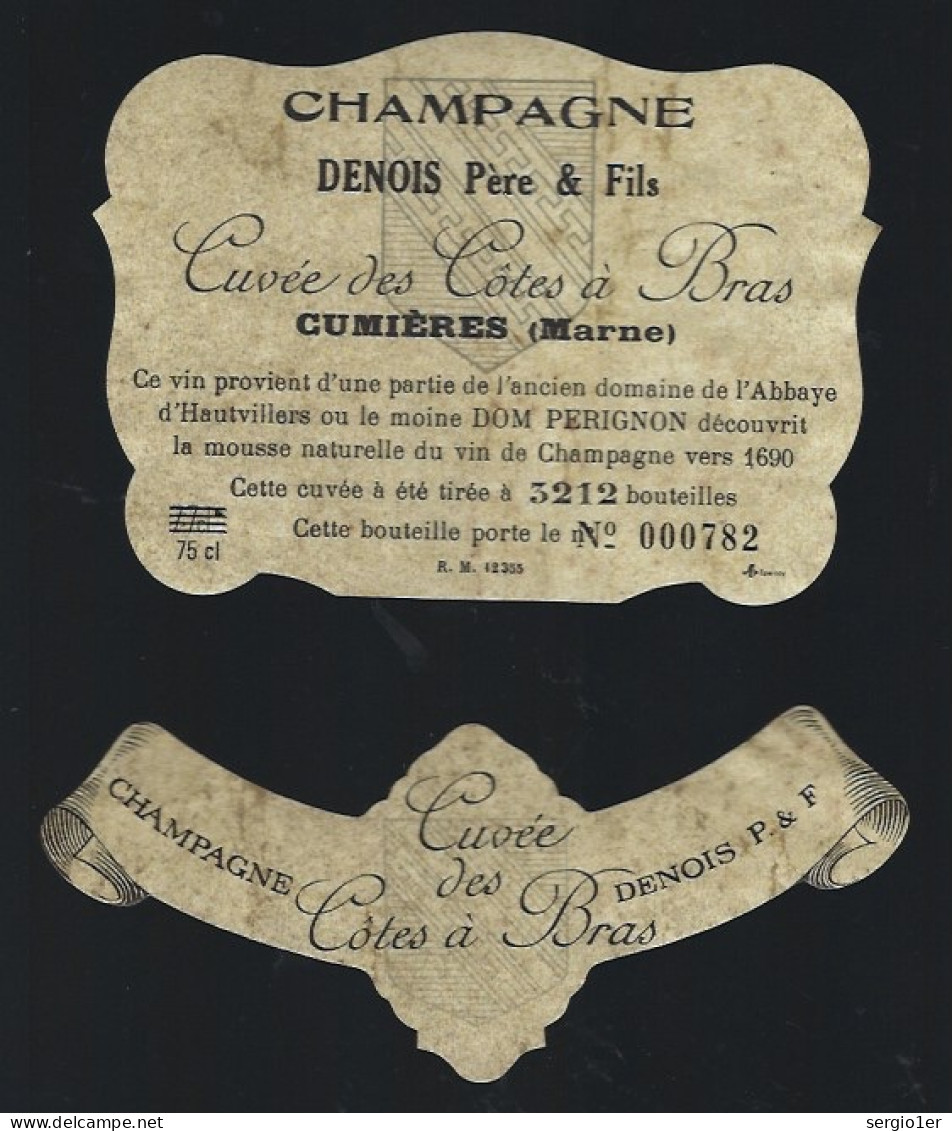 Etiquette Champagne Cuvée Des Côtes à Bras Denois Père & Fils   Cumieres  Marne 51 Avec Sa Collerette - Champagne