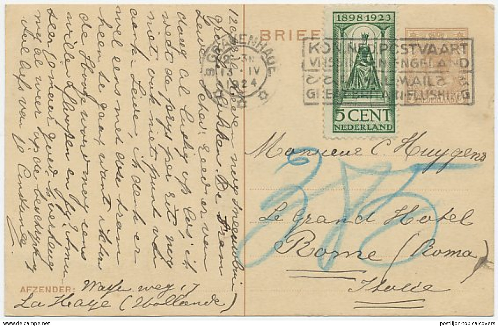 Briefkaart G. 198 / Bijfrankering Den Haag - Italie 1924 - Postal Stationery