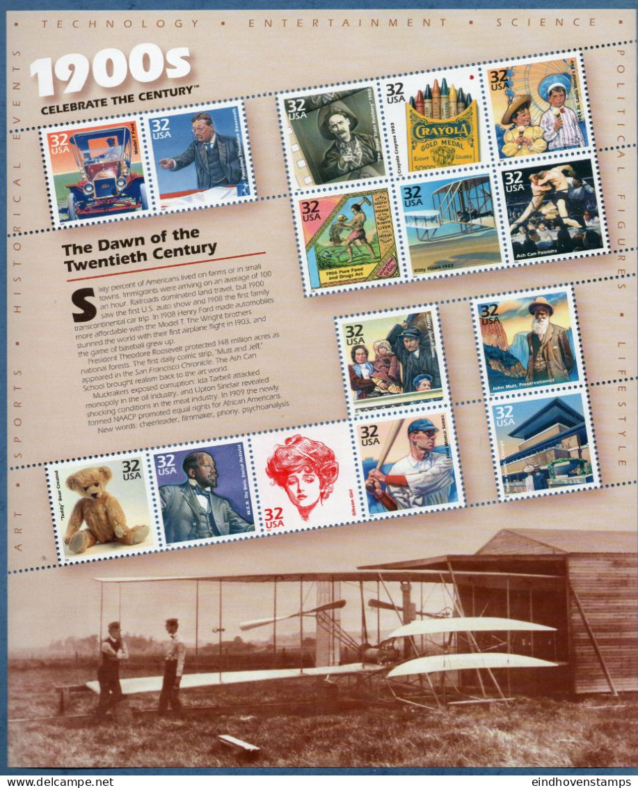 USA 1998 Celebrate The Century 1900's Block MNH T-ford, Roosevelt, Crayons, Kitty Hawk, John Muir, Immigration - Hojas Bloque