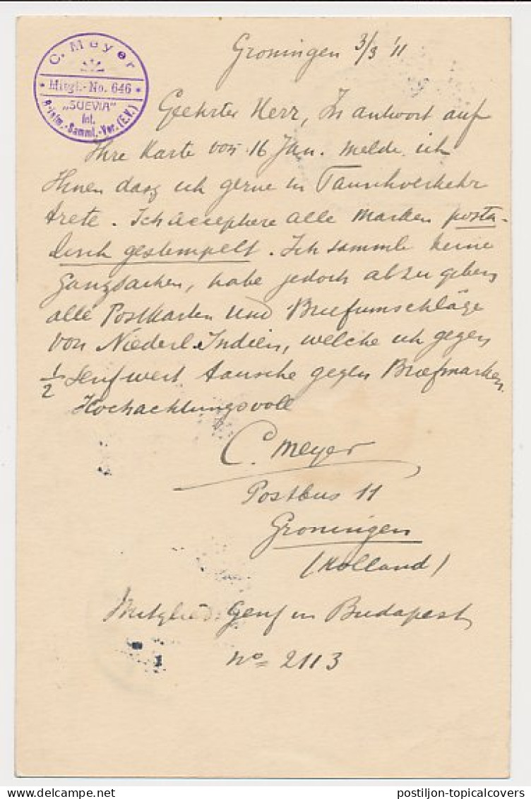 Briefkaart G. 78 I / Bijfrankering Groningen - Hongarije 1911 - Postal Stationery