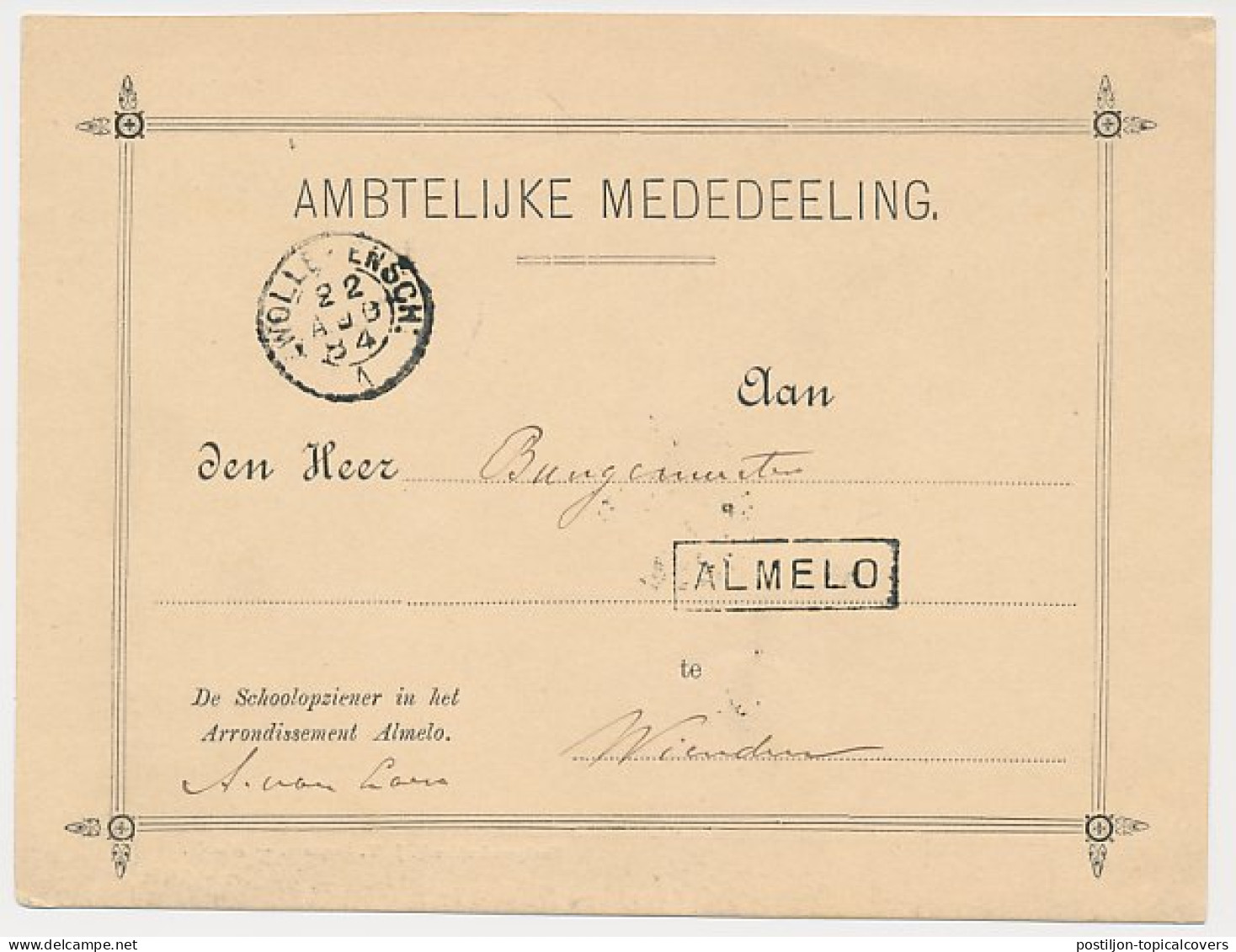Trein Haltestempel Almelo 1884 - Cartas & Documentos