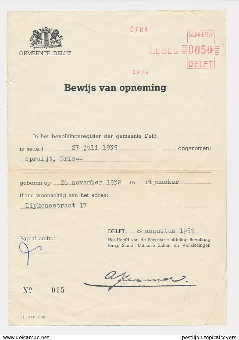 Gemeente Leges Machinestempel 0050 Delft 1959 - Fiscales
