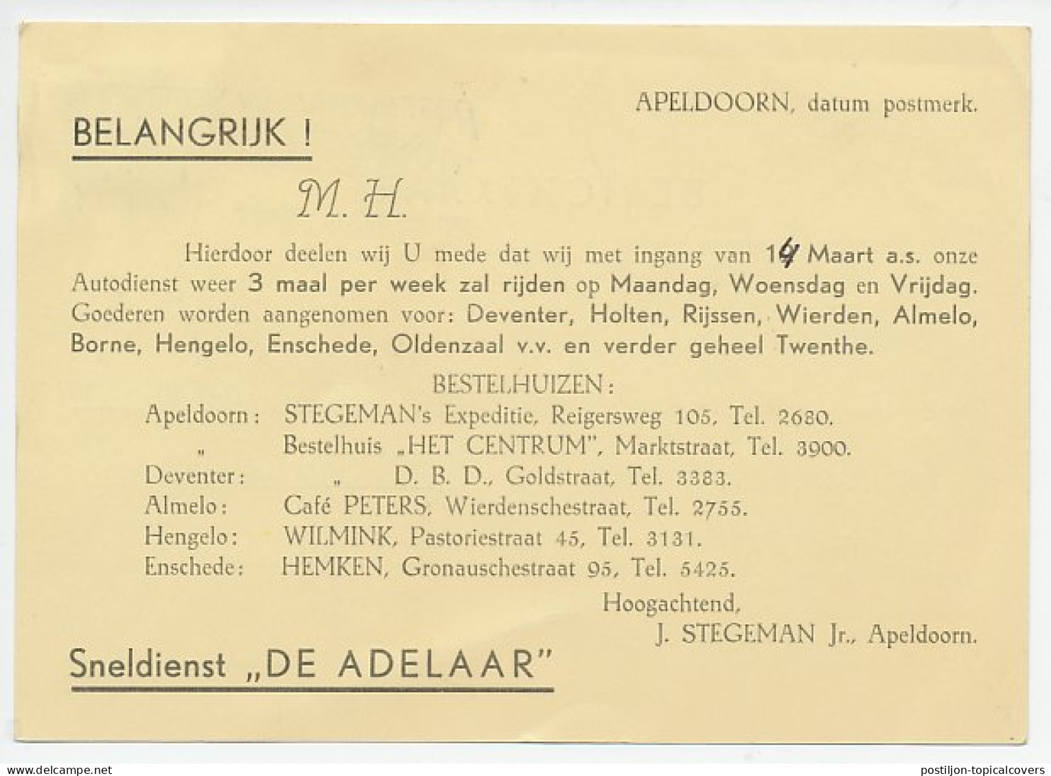 Firma Briefkaart Apeldoorn 1941 - Snelgoederendienst De Adelaar - Non Classés