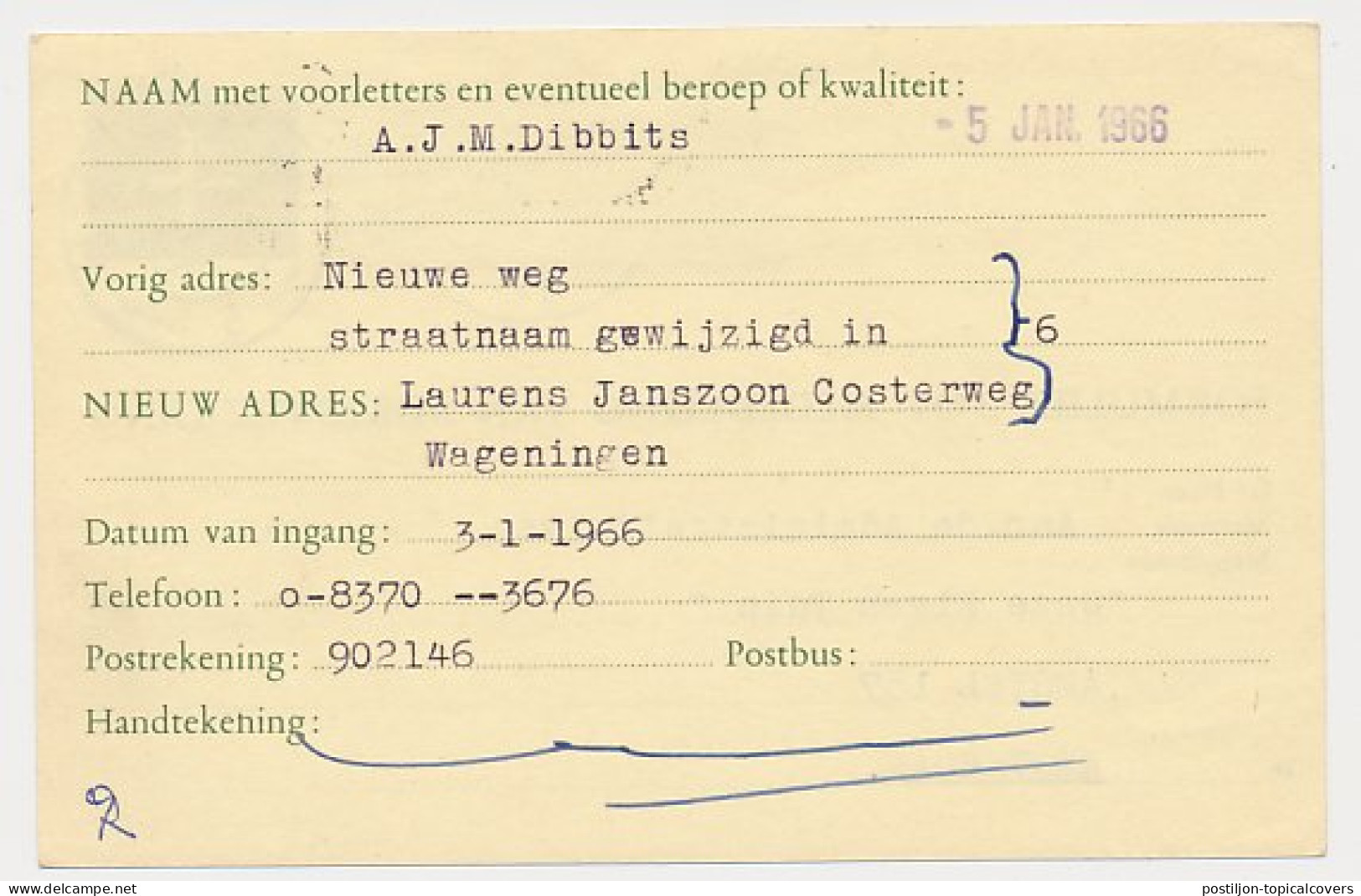 Verhuiskaart G. 26 Wageningen 1966 - Wijziging Straatnaam - Postal Stationery