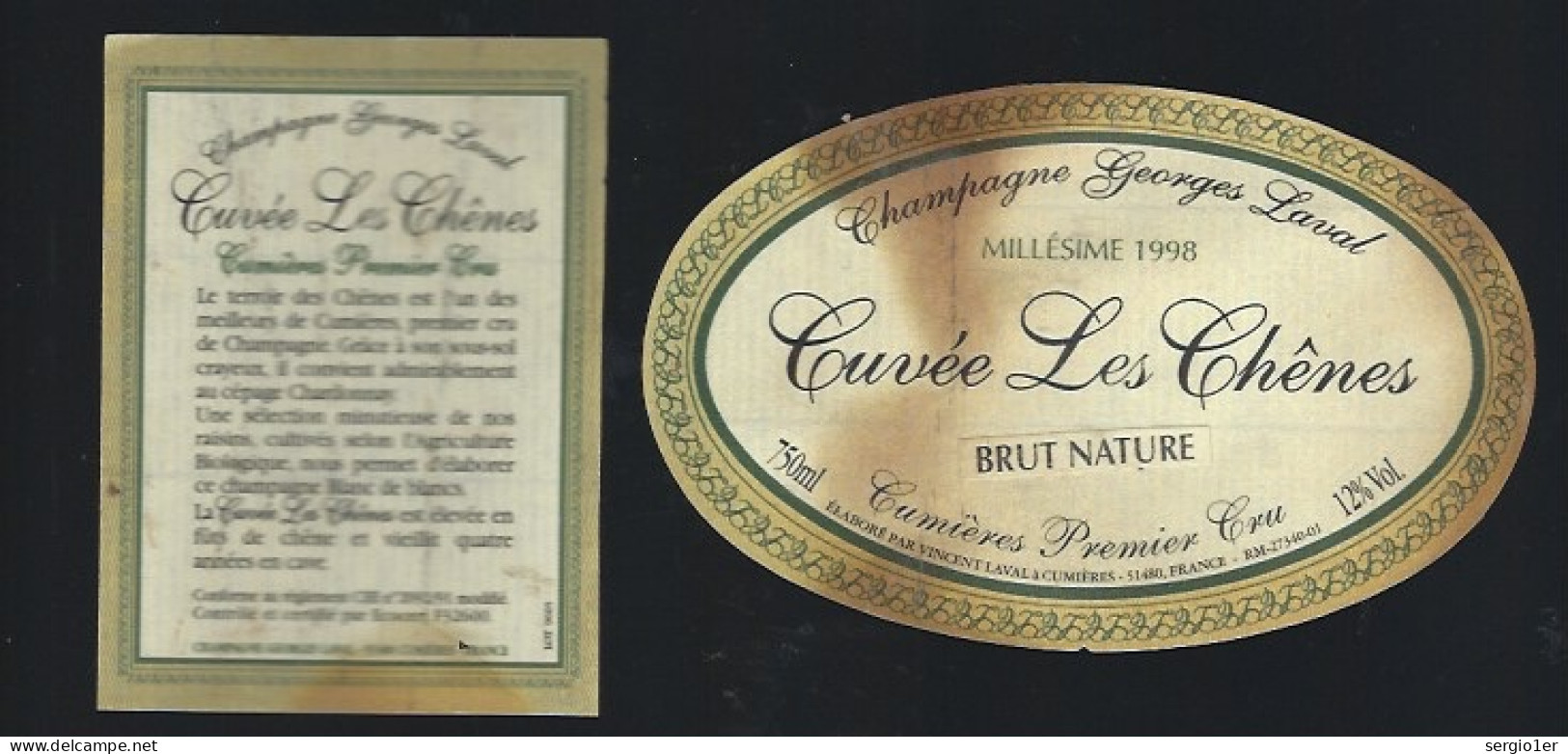 Etiquette Champagne Brut Nature 1er Cru Millesime 1998  Georges Laval  Cumieres  Marne 51 Avec Sa Contre étiquette - Champagne